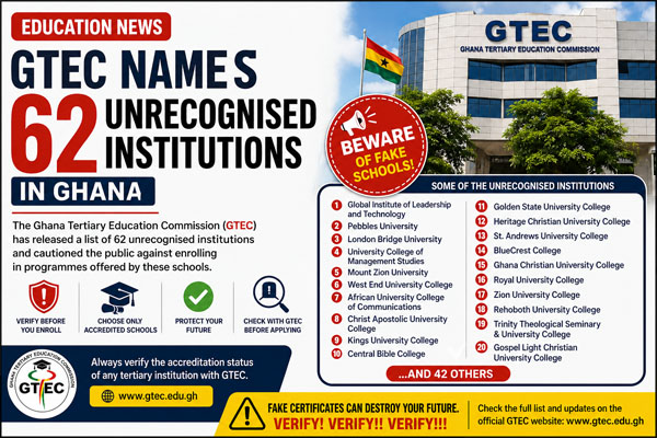 Ghana Tertiary Education Commission Names 62 Unrecognised Institutions in Ghana